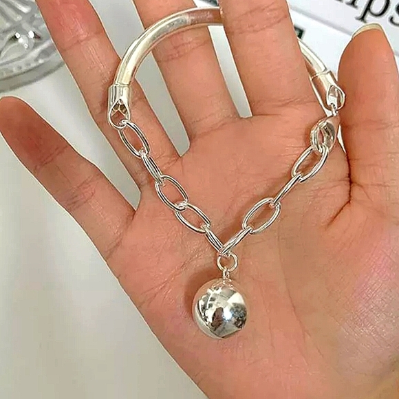 Silver Ball Drop Bracelet Chain Link Half Moon Minimalist Bangle - Picture 4 of 7